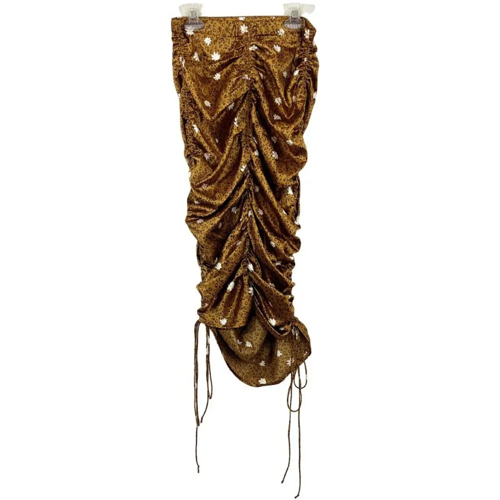 For Love & Lemons Tawney Midi Skirt Brown‎ Leopard Floral Satin Ruched - Size XS